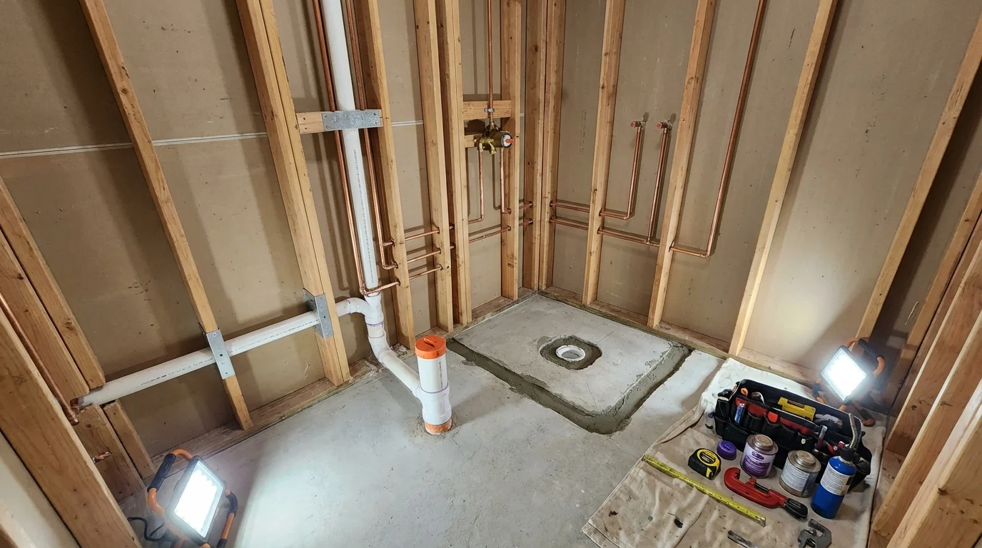 Bathroom rough-in plumbing during remodel by Johns Plumbing LLC in Marstons Mills