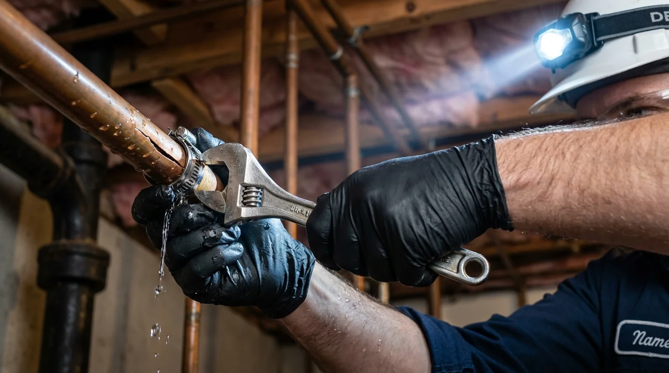 Emergency pipe clamp repair being performed by a Johns Plumbing LLC plumber in Marstons Mills