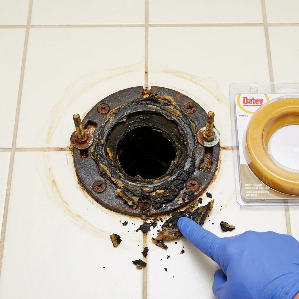 Failed wax ring showing water seepage at the base of a toilet in a Marstons Mills, MA home