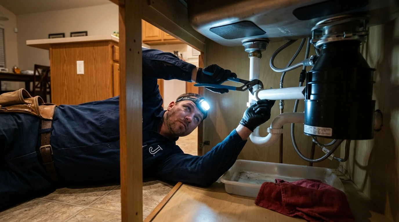 P-trap and supply line connections under a kitchen sink showing a common leak point in Marstons Mills, MA
